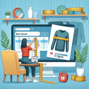 DALL·E 2024 01 09 21.02.35 An image representing the process of resolving size issues in online shopping. It should depict a person measuring a clothing item with a measuring ta 1