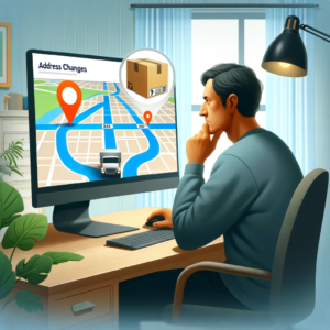 DALL·E 2024 01 10 04.56.55 An image representing the challenge of address changes in online shopping. It should depict a person looking at a computer screen showing a map with 1