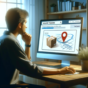 DALL·E 2024 01 10 12.46.18 An image depicting the process of tracking and locating a package. It should show a person looking at a computer screen with a delivery tracking websi 1
