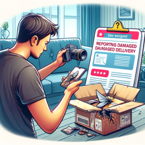 DALL·E 2024 01 11 05.21.18 An image depicting the process of reporting a damaged delivery from an online order. It should show a person examining a damaged package possibly wit 1