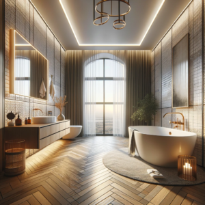 DALL·E 2024 01 12 05.08.34 Afbeelding voor een reeks blogs over het besparen op badkamerrenovaties. Een stijlvolle moderne badkamer met strak design. Er is een focus op luxe el 2