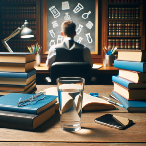 DALL·E 2024 01 12 06.53.46 Afbeelding voor een serie blogs over de impact van alcoholgebruik op studieprestaties. Een gestileerde weergave van een studentenbureau met studieboek 9