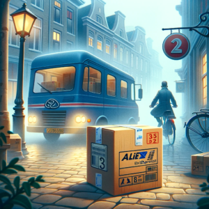 DALL·E 2024 01 14 07.31.13 Een illustratie die een pakketje toont achtergelaten bij een afhaalpunt met een mistige achtergrond om het mysterie van de zoektocht naar het pakket 1