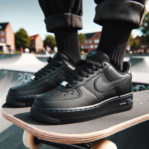DALL·E 2024 01 14 07.49.40 Een paar Nike Air Force 1 07 Low Skate Schoenen in een klassieke all black uitvoering. De schoenen zijn gedetailleerd afgebeeld met een nadruk op het 1