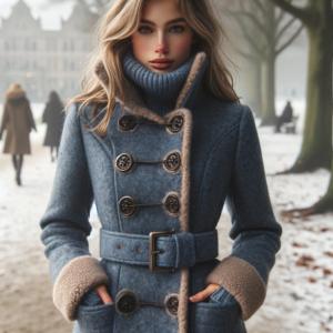 DALL·E 2024 01 14 07.58.16 Een vrouw draagt een stijlvolle winterjas met een opvallende blauwe kleur en een faux bont kraag. De jas heeft een riem en is voorzien van dubbele rij 1