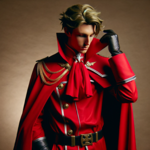 DALL·E 2024 01 14 08.04.03 Een man draagt een rood kostuum met een lange mantel geinspireerd op een algemeen anime personage zonder specifieke kenmerken of symbolen van bekend 1