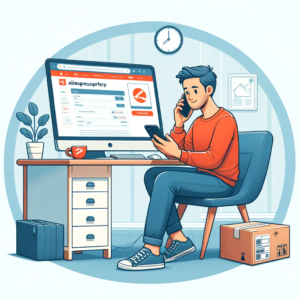 DALL·E 2024 01 14 11.46.37 Een illustratie die een persoon toont die een telefoongesprek voert met een klantenservicemedewerker van een postbedrijf. De persoon staat in een huis 1