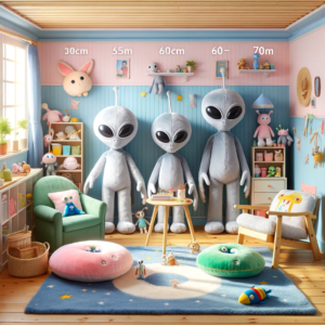 DALL·E 2024 01 21 06.58.39 A charming and whimsical scene depicting a childs playroom with various sizes of a generic plush stuffed animal resembling a fictional alien characte 1