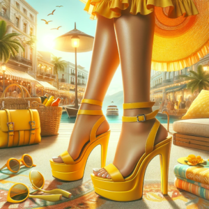 DALL·E 2024 01 21 07.17.56 A vibrant and fashionable scene showcasing Yellow Ladies Summer Sandals Platform High Heels Shoes. The image should feature the sandals in a bright ye 1