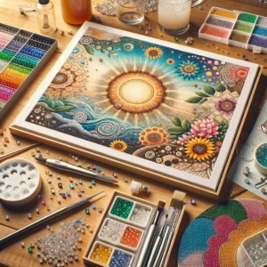 DALL·E 2024 01 22 08.18.24 An image showcasing a generic 5D DIY Diamond Painting Kit. The scene should depict the components of the kit including a canvas colorful diamond bea 1