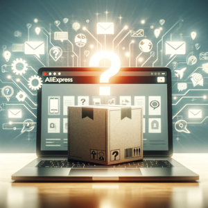 DALL·E 2024 01 23 18.54.00 A digital composition representing the process of resolving a delivery issue with a package from AliExpress. The image shows a laptop displaying the A 1