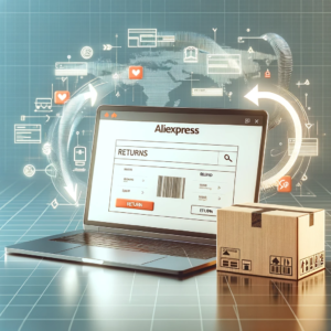 DALL·E 2024 01 24 05.04.18 A digital composition representing the process of returning an item purchased from AliExpress. The image shows a laptop displaying the AliExpress webs 1