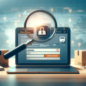 DALL·E 2024 01 24 05.10.00 A digital composition representing the importance of providing a complete and accurate address when ordering from AliExpress. The image shows a laptop 1