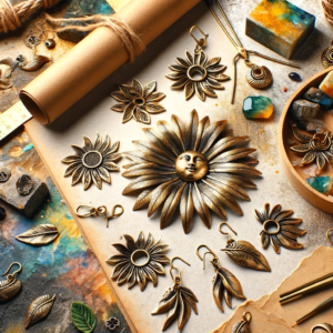 DALL·E 2024 01 24 07.59.23 A digital composition showcasing the 10 Pieces Brass Palm Leaf Charms Bifurcate Leaves Sun Flower Pendant for DIY Exaggerated Earrings Necklace Handma 1