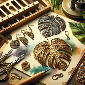 DALL·E 2024 01 24 08.06.25 A digital composition showcasing the 6 Pieces Monstera Leaf Earring Charms Filigree Leaves Brass Findings 49X44Mm Necklace Pendant Jewelry Making 1