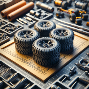 DALL·E 2024 01 24 08.11.27 A digital composition showcasing the 4 Pieces 48mm Simulation Rubber Wheel Tire Wheel Toy Model DIY RC Parts. The image features these simulation rubb 1