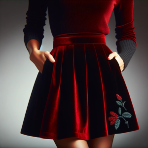 DALL·E 2024 01 25 07.07.12 A woman elegantly wearing the Short Red Velvet Skirt. She exudes confidence and style showcasing the timeless elegance of the skirt 1