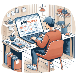 DALL·E 2024 01 26 20.40.13 An illustration of a person sitting at a desk with a laptop researching and writing a blog about online shopping from Chinese webstores like AliExpre 1