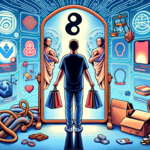 DALL·E 2024 01 27 19.55.19 An illustration showing a metaphorical representation of the importance of self reflection and ethical shopping when buying online especially from si 1