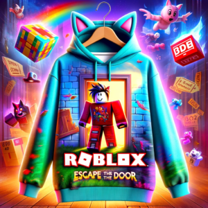 DALL·E 2024 01 29 06.55.51 An illustration of the 3D New Escape From The Door Doors Roblox Figure Cat Ear Pullover Hoodie Sweater for kids. The image features a stylish and colo 1