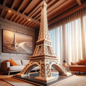 DALL·E 2024 01 31 04.32.56 An intricately detailed model of the Eiffel Tower approximately 1.5 meters tall made from small building blocks compatible with Lego. The model shou 1