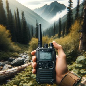 DALL·E 2024 01 31 05.31.29 A portable and rugged Quansheng UV 5R Plus walkie talkie displayed in an outdoor setting such as a forest or mountainous area. The walkie talkie sho 1