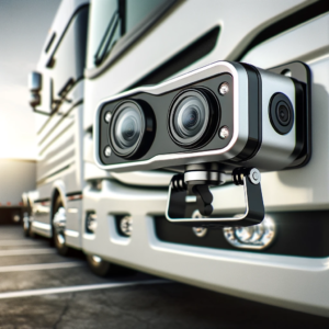 DALL·E 2024 01 31 06.27.40 A sleek and modern white dual lens rearview camera mounted on the back of a large vehicle such as an RV truck or bus. The image should show the came 1