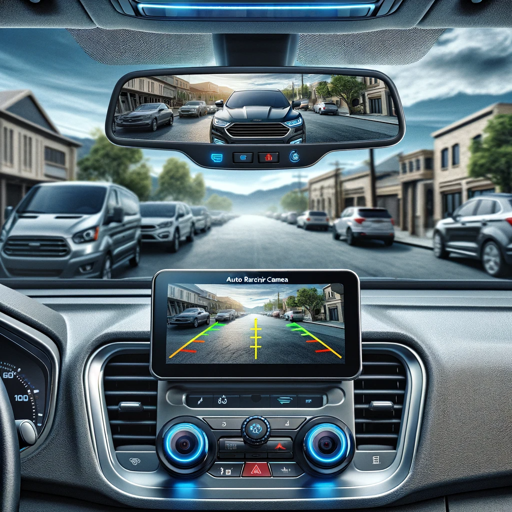 DALL·E 2024 01 31 06.44.04 A car interior showing the Auto 4.3 Inch Rearview Mirror Monitor installed on the windshield. The monitor should display the rear view from a backup c 1