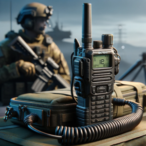 DALL·E 2024 01 31 08.00.54 A realistic depiction of the Baofeng Walkie Talkie CS Tactical Antenna showing its coil loaded foldable design and high gain capabilities. The anten 1