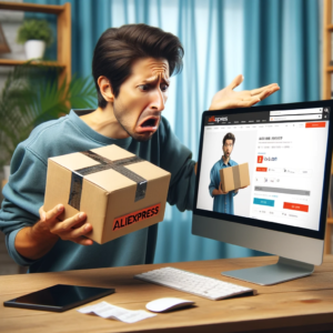 DALL·E 2024 01 31 18.40.30 A confused customer holding a package next to a computer screen displaying the AliExpress website. The package is visibly different from what is shown 1