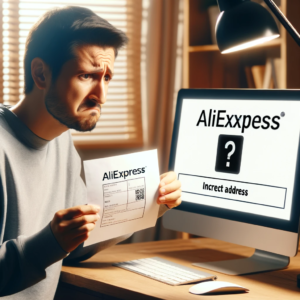 DALL·E 2024 01 31 20.27.08 A person looking at a computer screen showing the AliExpress website with a confused expression holding a piece of paper with an incorrect address wr 1