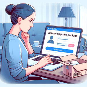DALL·E 2024 02 01 05.38.58 An image depicting a person checking the status of their AliExpress package on a laptop looking slightly concerned. The scene should convey the urgen 1