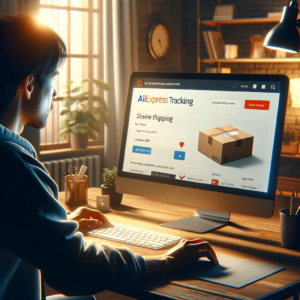 DALL·E 2024 02 01 05.43.44 An image showing a person at their home office looking at a computer screen with the AliExpress tracking page open. The scene should convey a sense o 1