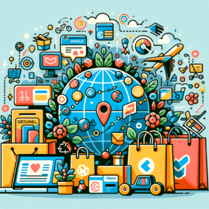 DALL·E 2024 02 02 05.13.27 Een illustratie die de wereld van online winkelen visualiseert met symbolen zoals een wereldbol pakketjes een retourpijl en digitale betaalmethode 1