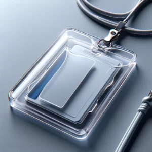 DALL·E 2024 02 03 03.55.24 A crystal clear durable hard plastic ID card holder showcasing its versatility and sleek design. The holder is transparent allowing for the easy vi 1