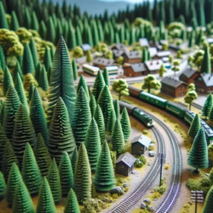 DALL·E 2024 02 03 05.07.13 A detailed model railway landscape featuring deep green Evemodel pine trees of various sizes meticulously placed around tracks and buildings to creat 1