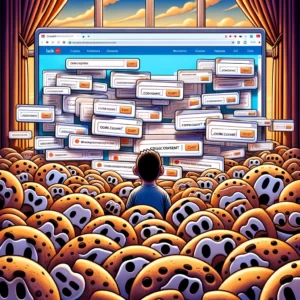 DALL·E 2024 02 03 06.56.13 A satirical illustration featuring a web browser window surrounded by an overwhelming number of cookie consent pop ups obscuring the content of the w 8