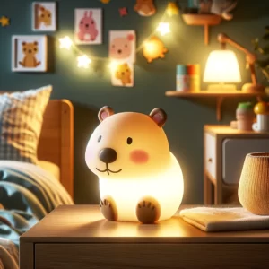 DALL·E 2024 02 03 07.18.55 A heartwarming and inviting image showcasing a cute cartoon capybara silicone night light in a childrens room setting. The capybara light emits a sof 1