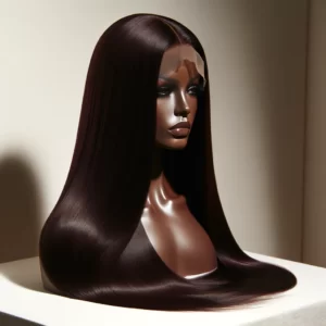 DALL·E 2024 02 03 14.31.48 An elegant and sophisticated image showcasing a beautiful dark burgundy 13x4 and 13x6 transparent lace front Peruvian Remy human hair wig. The wig is 1