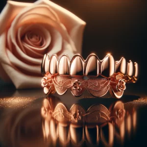 DALL·E 2024 02 05 07.32.00 An image showcasing the subtle luxury and unique charm of rose gold grillz. The visual represents the grillz as an exquisite and trendy dental accesso 1