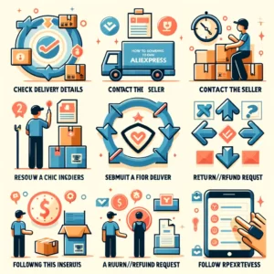DALL·E 2024 02 05 18.38.28 An image illustrating the important steps to take when an order on AliExpress is not delivered as expected. The visual should include symbols or icons 1