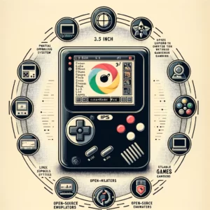DALL·E 2024 02 06 06.41.22 Create an image that represents a retro handheld video game console showcasing a 3.5 inch IPS screen in a portable design. The console should appear 1