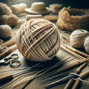 DALL·E 2024 02 06 07.00.57 An artistic representation of natural raffia straw yarn showcasing its texture and potential uses in DIY projects such as woven straw hats knitting 1