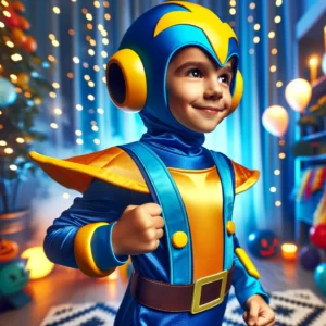 DALL·E 2024 02 06 08.01.42 A child dressed in a vibrant blue and yellow costume inspired by classic video game characters ready for a Halloween party. The costume is made of h 1