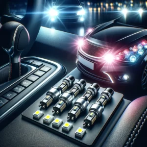 DALL·E 2024 02 06 08.12.59 A sleek and modern automotive setting showcasing the bright illumination of T10 LED small light bulbs in use. The image should highlight the bulbs ve 1