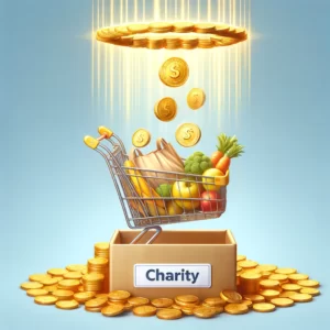 DALL·E 2024 02 06 08.16.30 A heartwarming illustration showcasing the concept of donating to charity through everyday shopping. The image features a shopping cart filled with gr 7