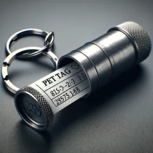 DALL·E 2024 02 06 19.22.27 A small cylindrical metal pet ID tag tube designed to hold a piece of paper with the pets name and owners contact information. The tube is crafted 1