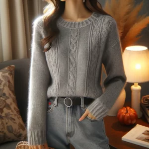 DALL·E 2024 02 07 05.00.08 A cozy and stylish grey front knit sweater for women featuring a classic O neck and long sleeves. The image should showcase the sweater as a fashiona 1