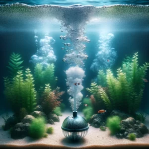 DALL·E 2024 02 07 05.23.43 An underwater view of a serene aquarium with a bubble air stone aerator attached at the bottom. The air stone is releasing a stream of fine bubbles th 1