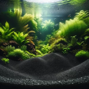 DALL·E 2024 02 07 05.53.24 A serene aquarium scene highlighting the lush environment created by using the Aquarium Substrate Sand. The image showcases a bed of rich black clay g 1